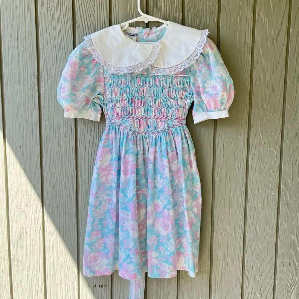 VTG Polly Flinders Pastel Floral Smocked Prairie Dress Girls 7 Lace Collar